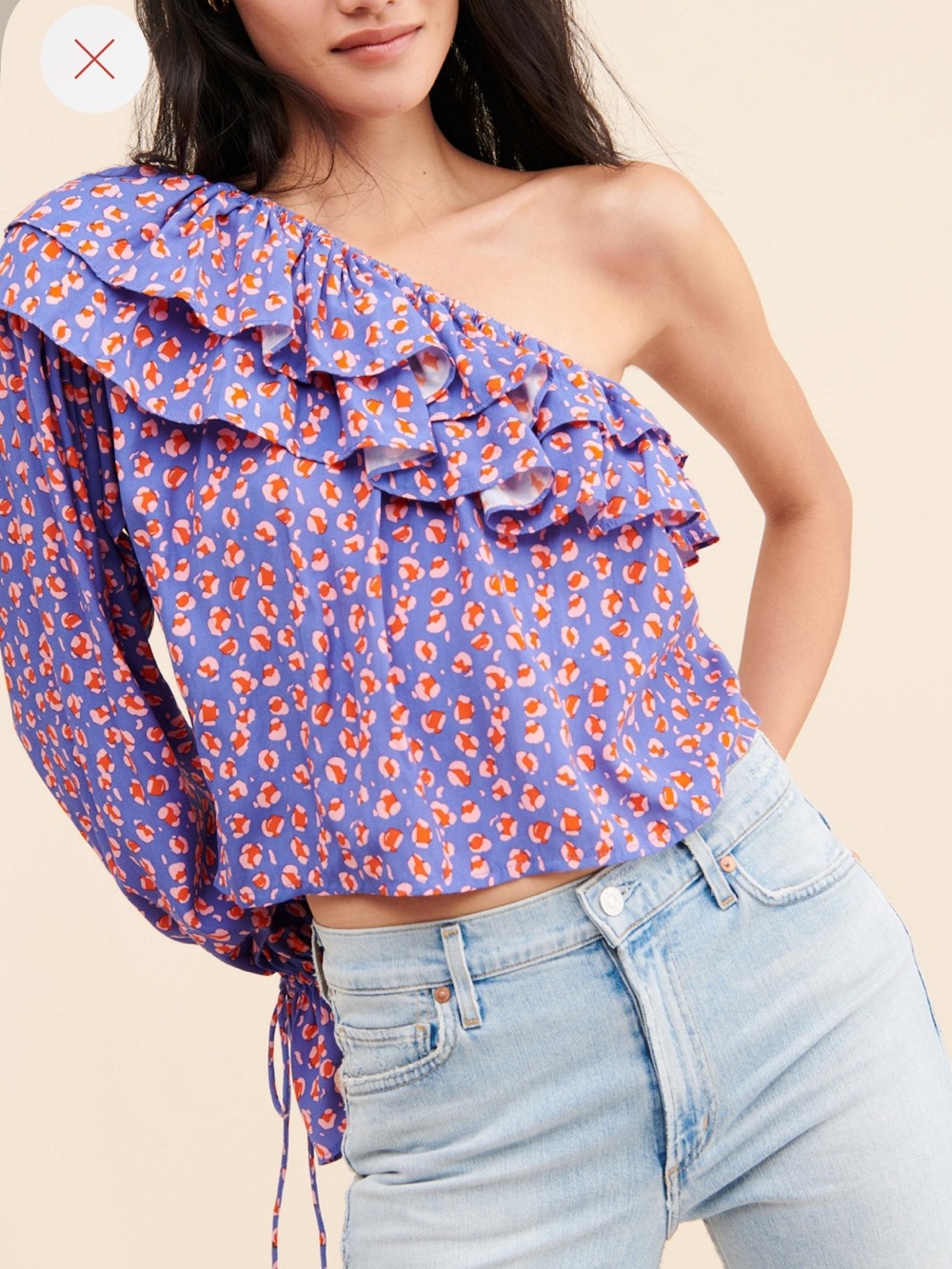 Rue-Stiic One-Shoulder Ruffle Top in Periwinkle with Orange Print Sz. M